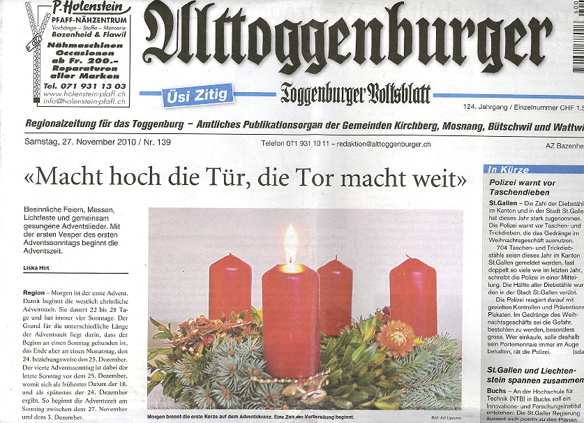 Titelseite Alttoggenburger vom 27. November 2010