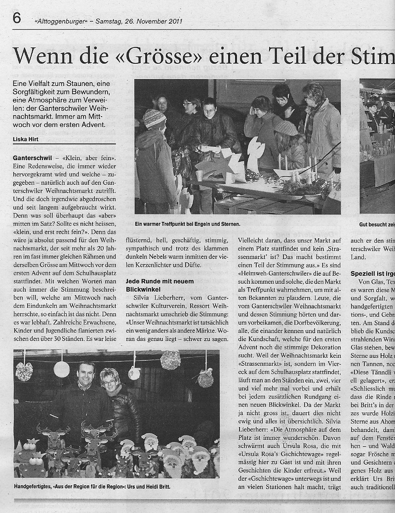 Zeitungsausbeitrag Alttoggenburger vom 26. November 2011 - Teil 1 von 2