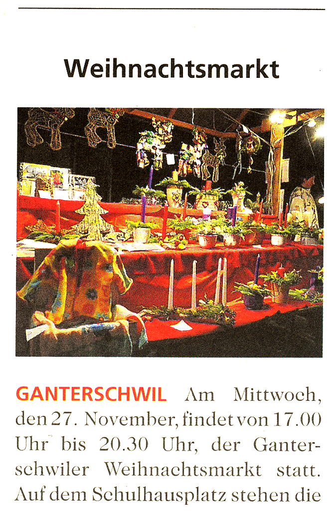 Einladung zum Weihnachtsmarkt Ganterschwil 2013 - erschienen in Toggenburger Zeitung